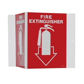 V-Shaped Sign - FIRE EXTINGUISHER with Picture of Extinguisher on Red Background